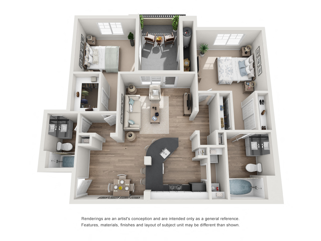 Floor plan for 2 beds, 2 baths, 1075 sqft